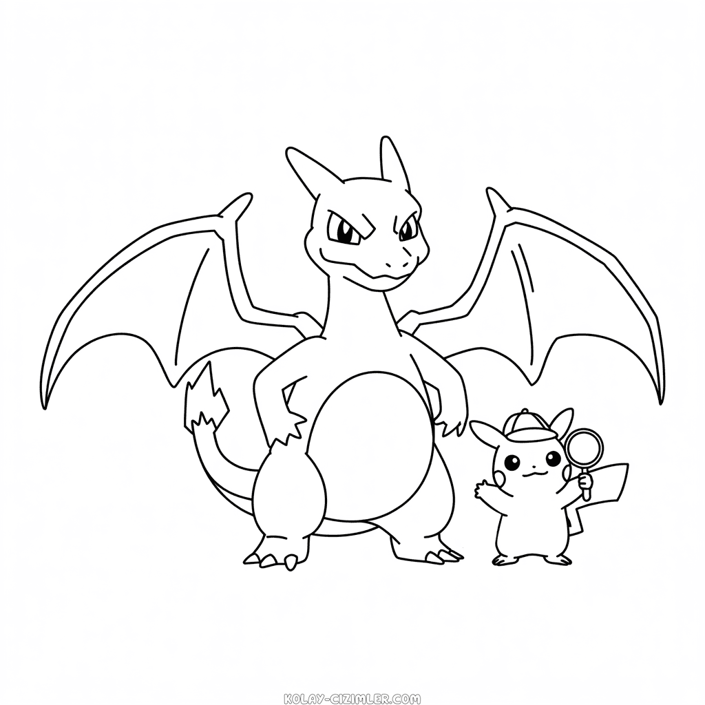 Kolay Charizard ve Dedektif Pikachu Çizimi