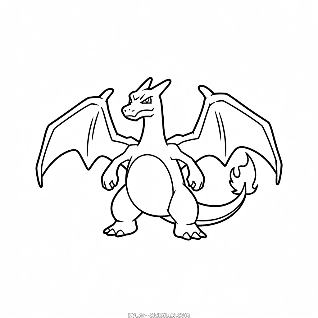 Kolay Siyah ve Beyaz Charizard Çizimi