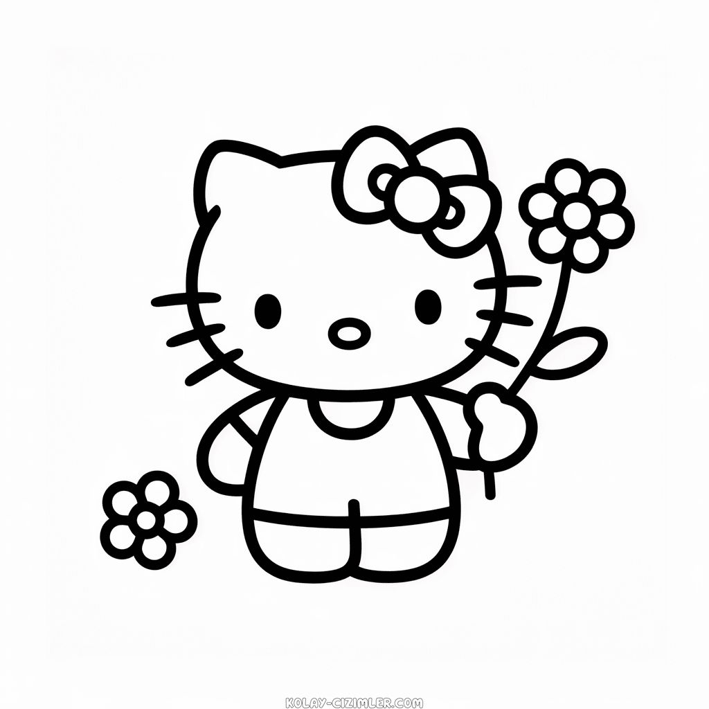 Hello Kitty'nin Çiçek Tutması Kolay Çizimi